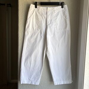 Women 8 Cropped Y2K 90s Capri Pants White Cotton Utility Patch Pocket Mid Rise